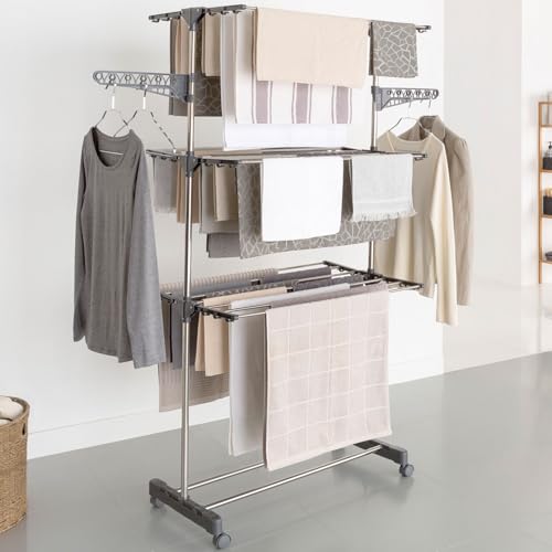IDMarket - Séchoir à linge vertical pliable 3 niveaux, capacity maximale 20M, inoxydable et gris