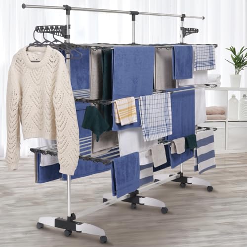 Séchoir à Linge Vertical Pliable 3 Niveaux Supra capacité 50M avec Tringle Télescopique Blanc et Gris Spacieux pour Mais